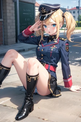 外で座る軍服少女