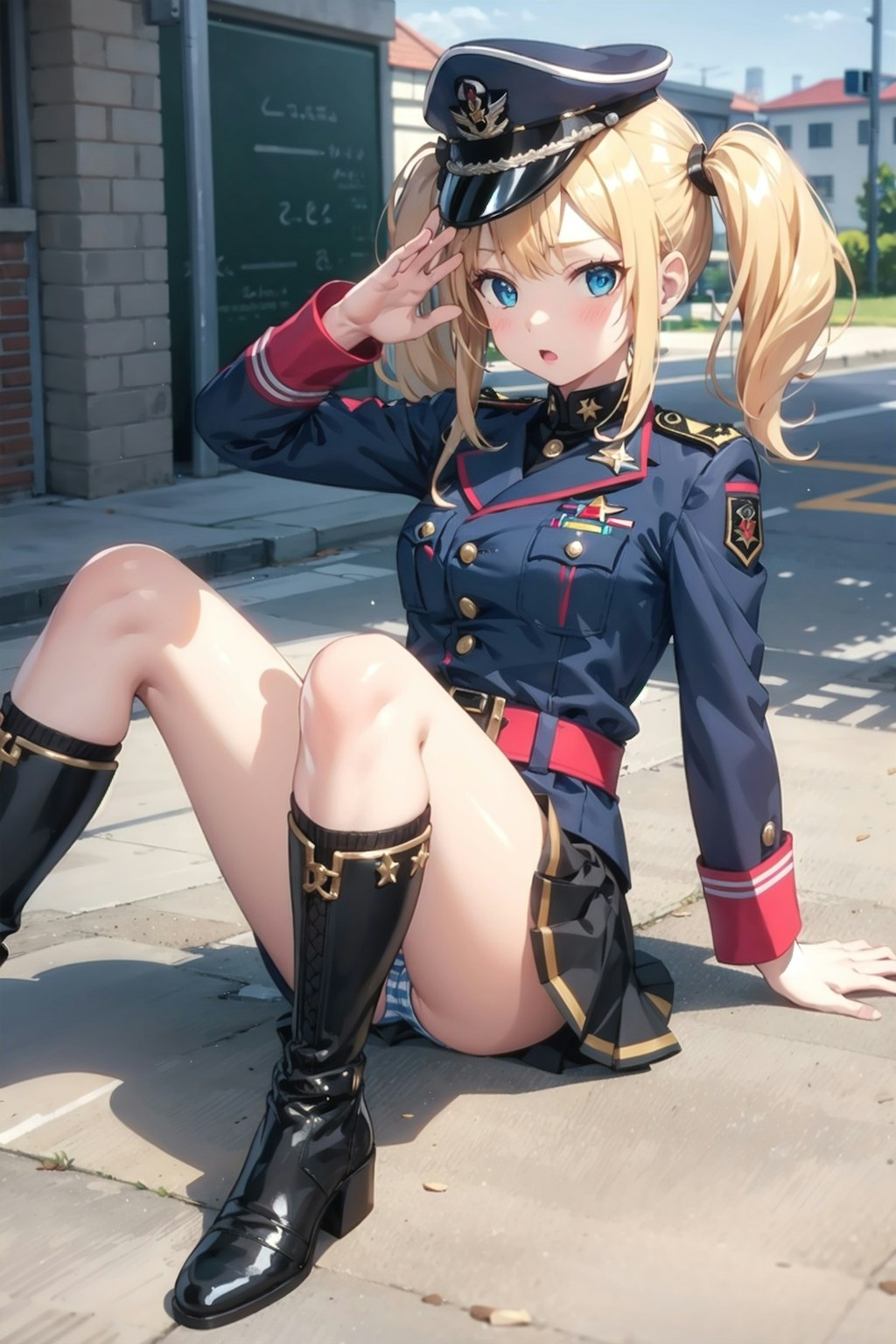 外で座る軍服少女