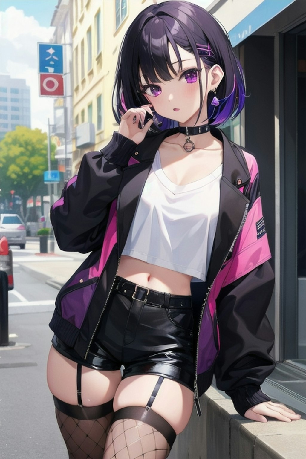 ストリートファッションのツートンカラー（黒・紫）ギャル