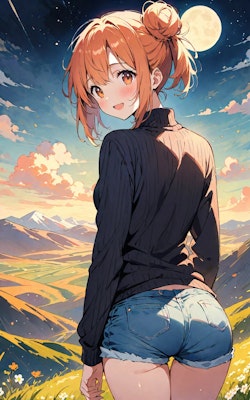 オレンジ髪×セーター×ホットパンツ