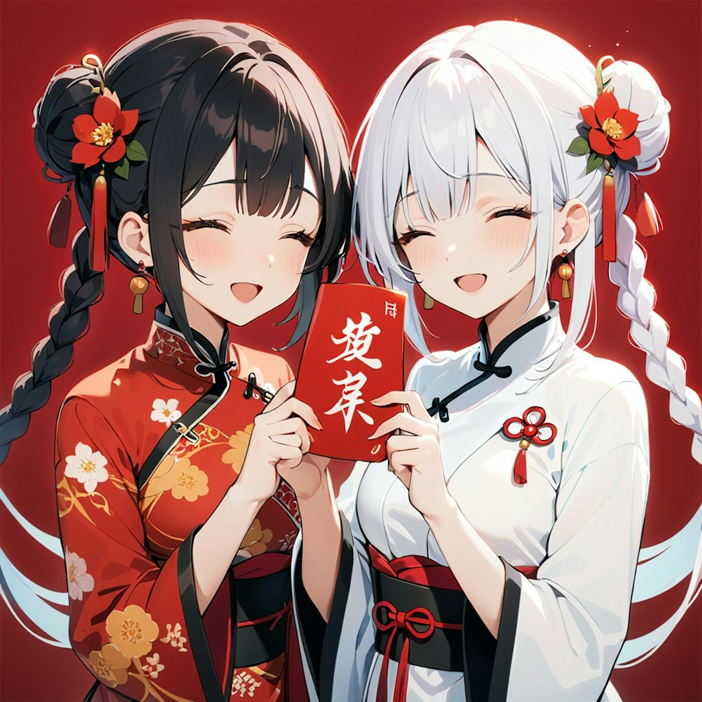 美しい女の子がみんなに新年を祝います