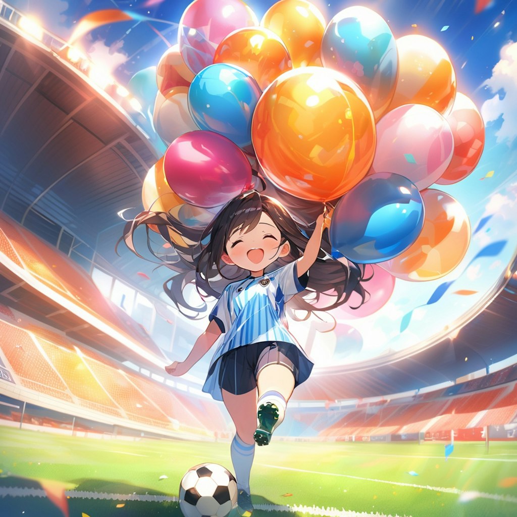 サッカースタジアムでいっぱい風船を持つ女の子