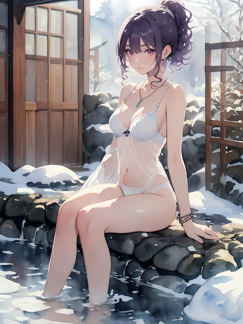 冬の露天風呂の風景