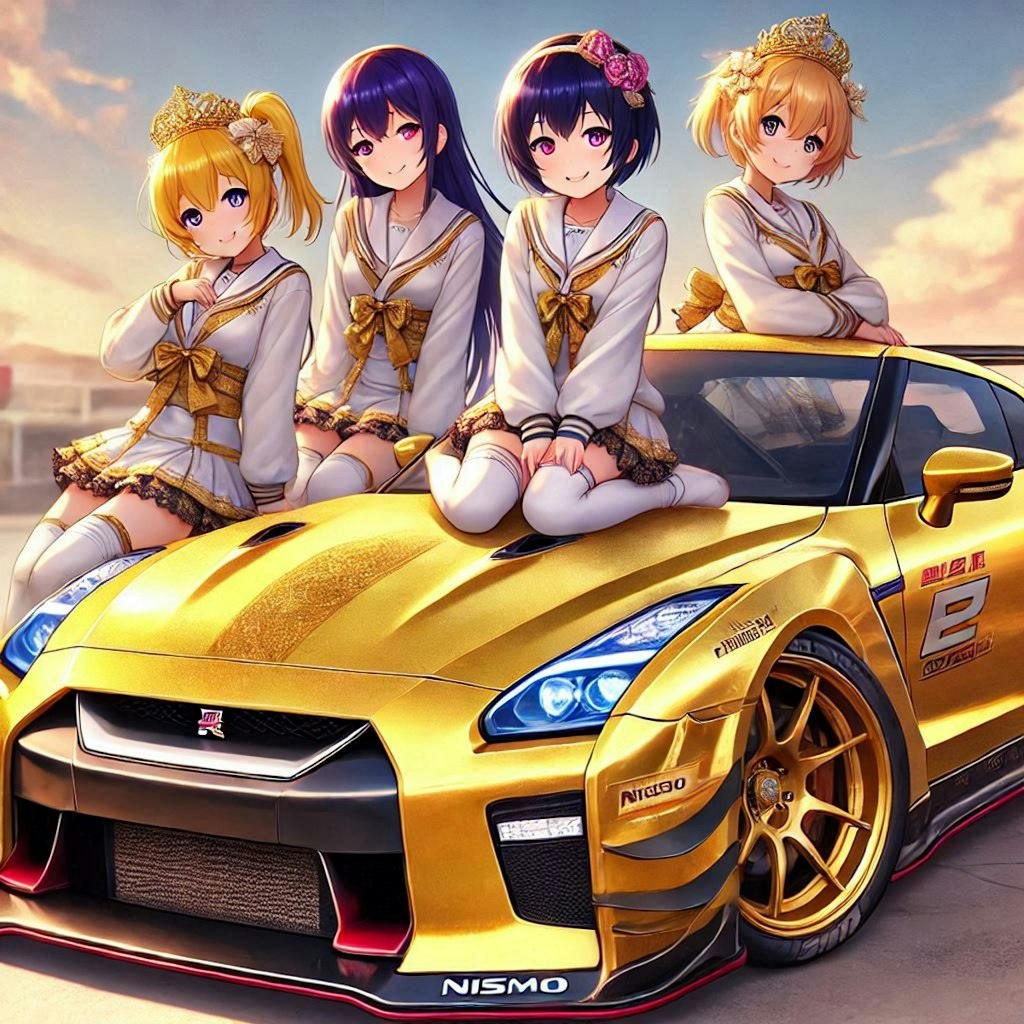 ラブライブキャラとゴールドカラー日産GT-Rのドリ車