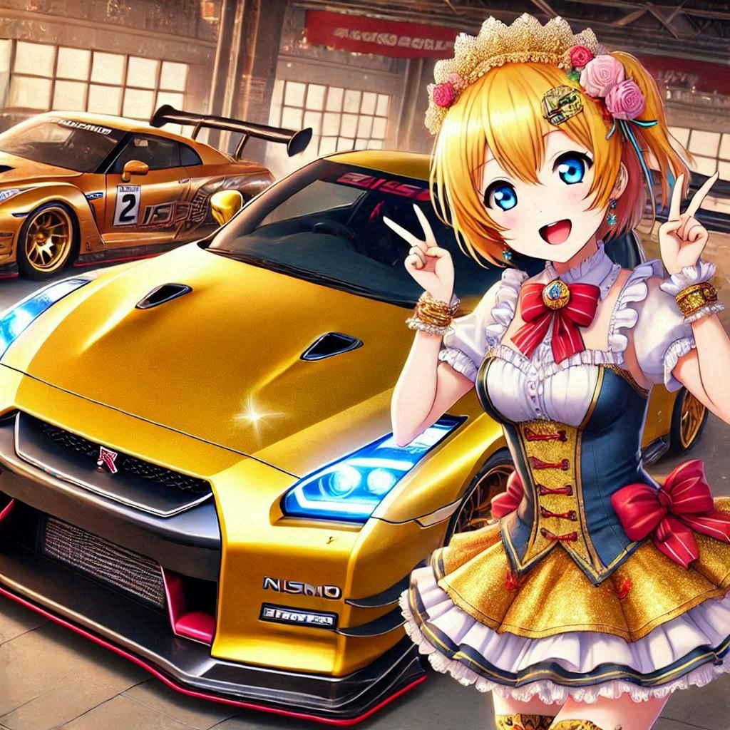 ラブライブキャラとゴールドカラー日産GT-Rのドリ車