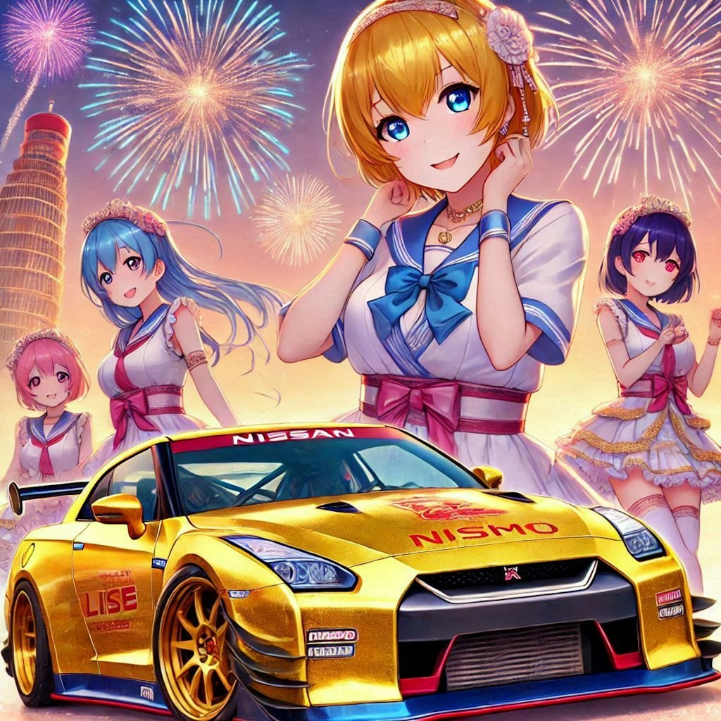 ラブライブキャラとゴールドカラー日産GT-Rのドリ車