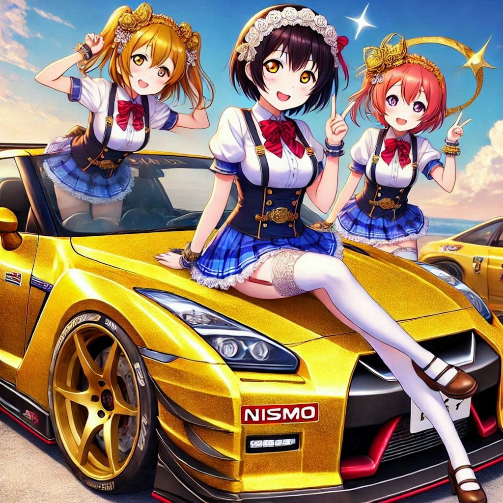 ラブライブキャラとゴールドカラー日産GT-Rのドリ車