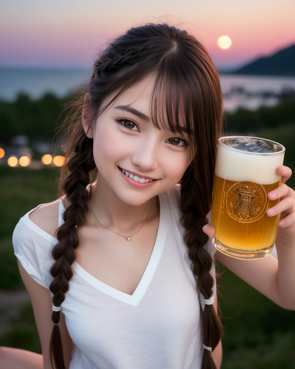 ビールでほろ酔いの三つ編みの子