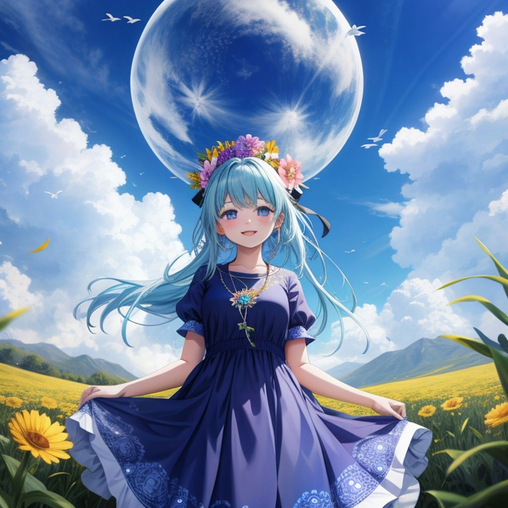 girl,flower and blue sky