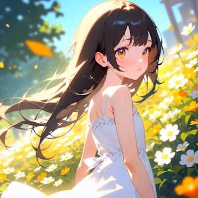 花に囲まれた白いドレスの少女