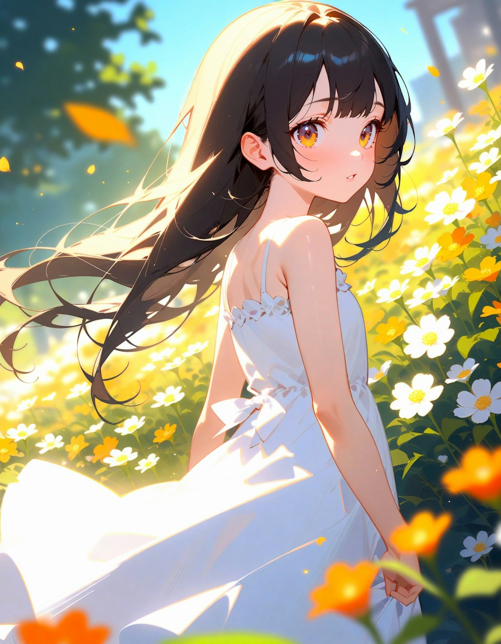 花に囲まれた白いドレスの少女