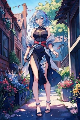 青髪ドレスの子　幻想とお花の街中
