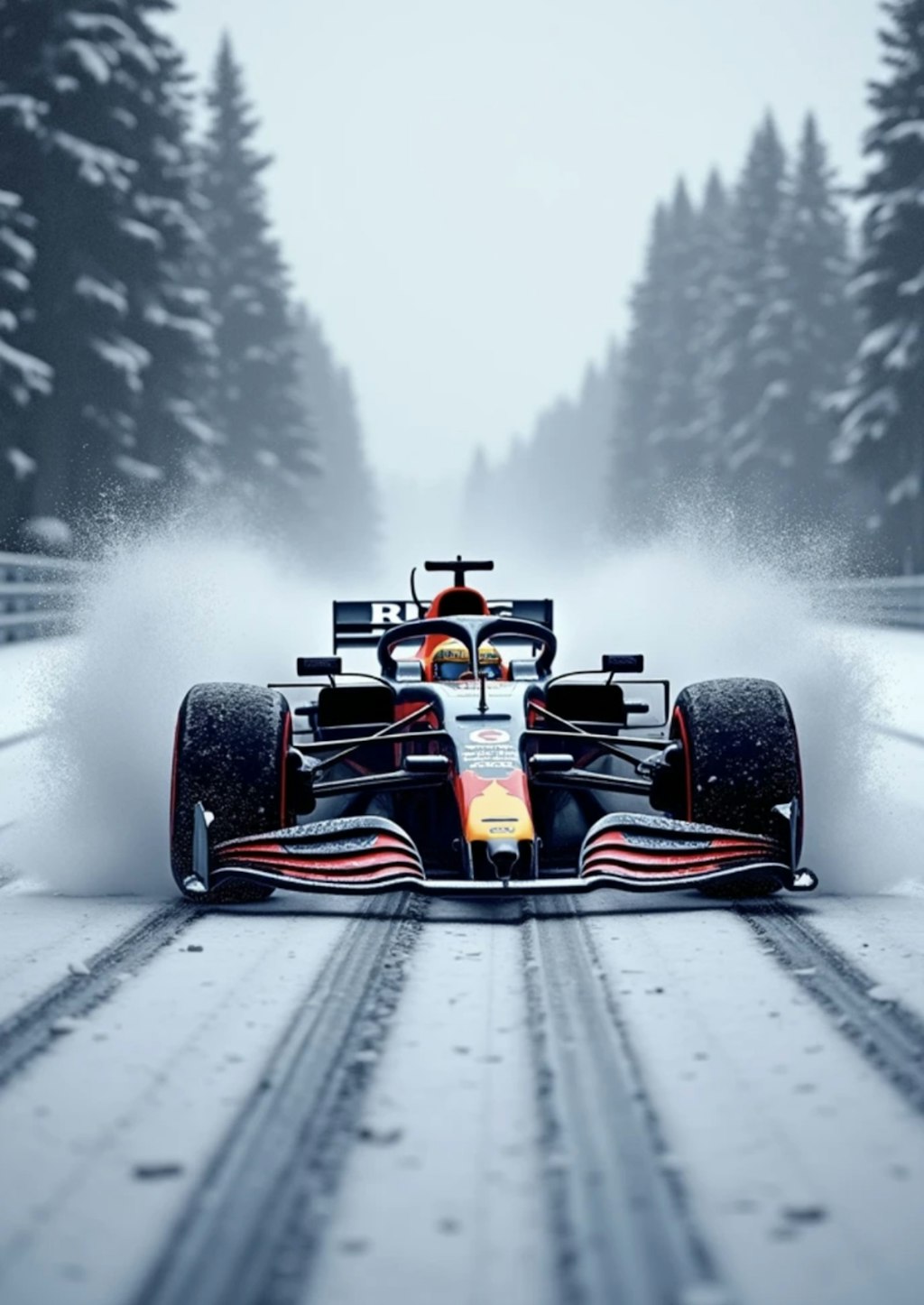 雪と紅葉が舞う中を走るF1