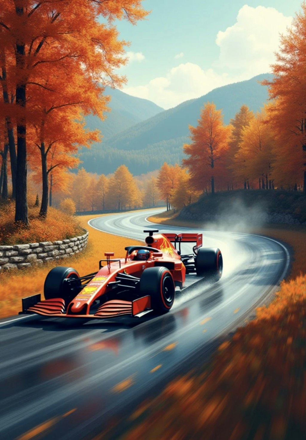 雪と紅葉が舞う中を走るF1