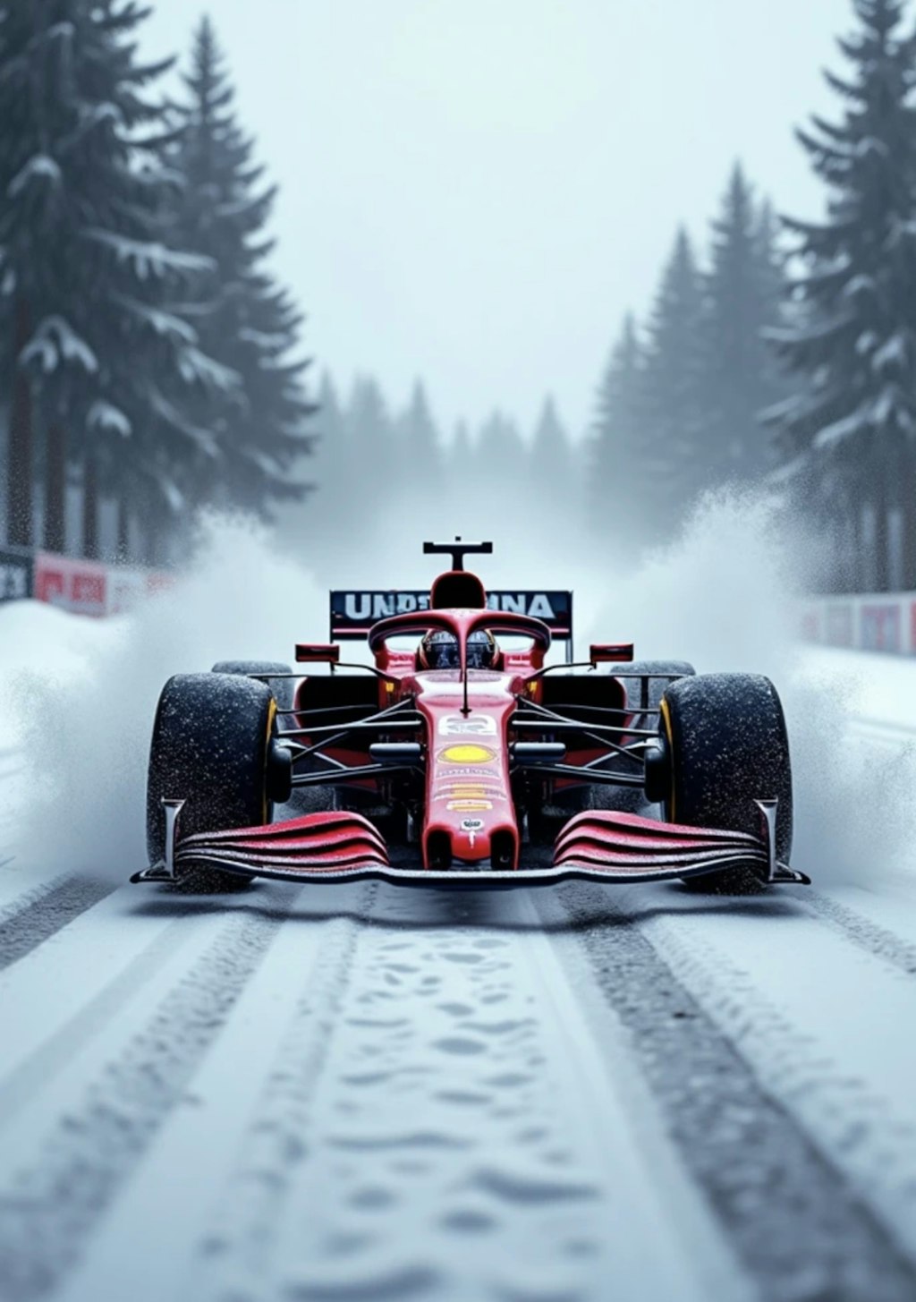 雪と紅葉が舞う中を走るF1