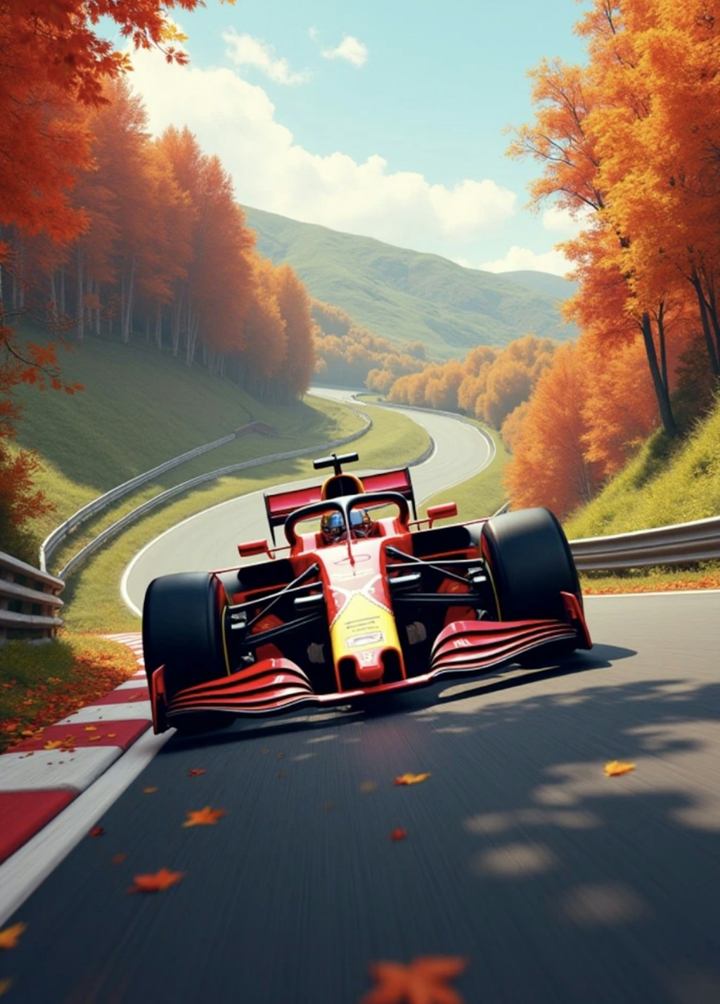 雪と紅葉が舞う中を走るF1