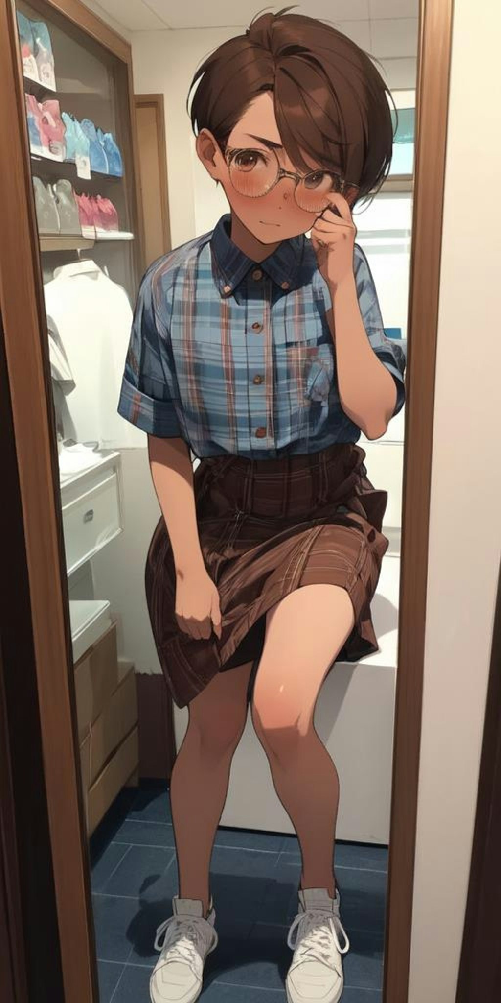 服を買いに来たもののスカート姿が恥ずかしい日焼け少女