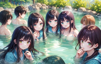 温泉に入浴してる、少年少女達（6枚）レトロモダン街シリーズ118