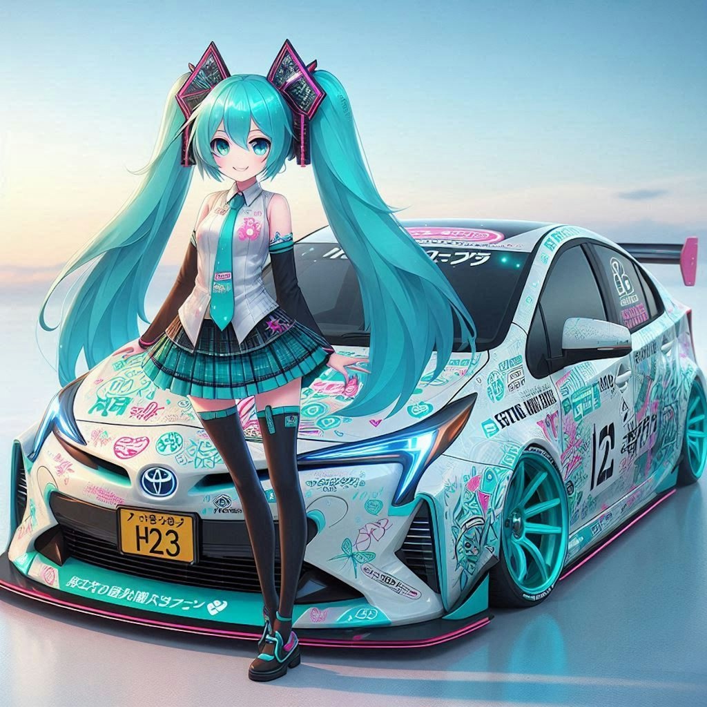 初音ミクカラーのトヨタプリウスのドリ車