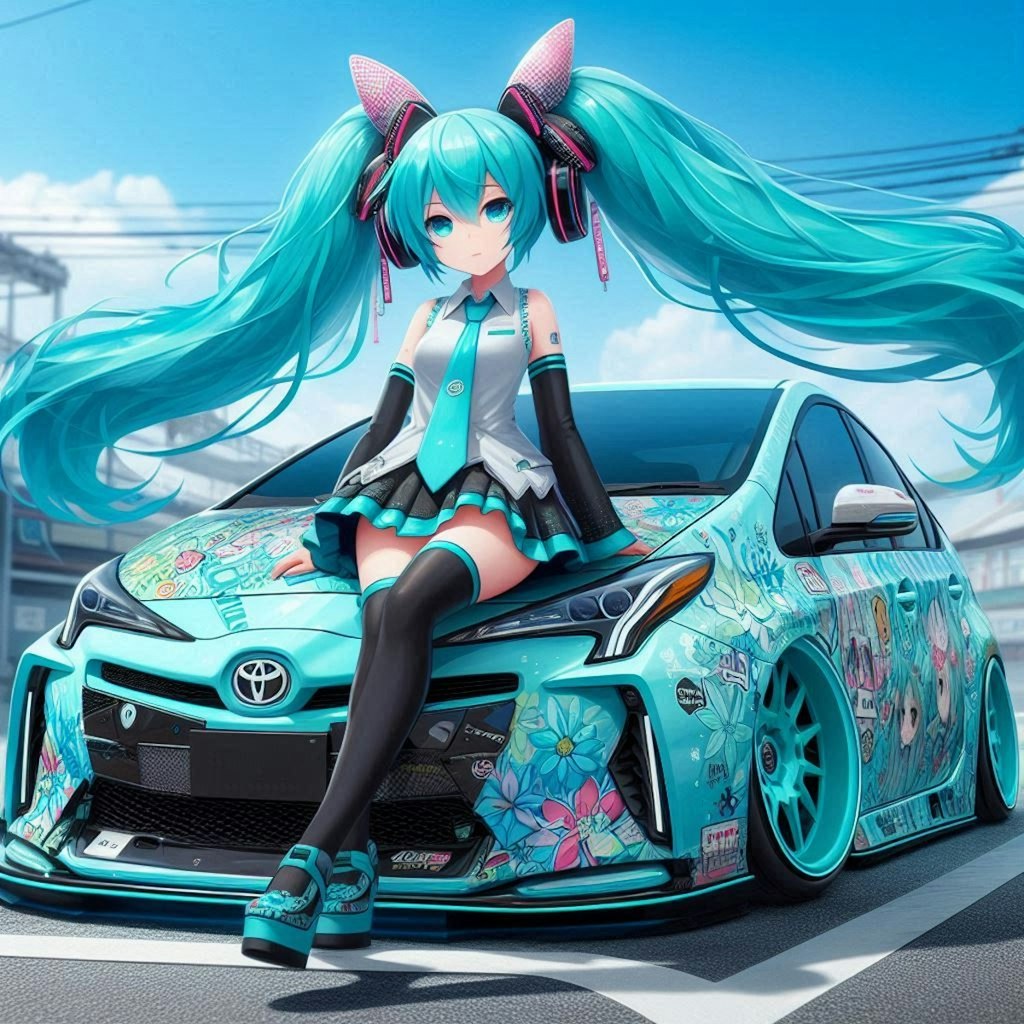 初音ミクカラーのトヨタプリウスのドリ車