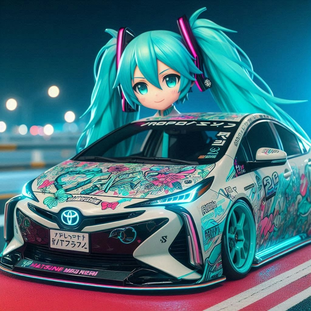 初音ミクカラーのトヨタプリウスのドリ車