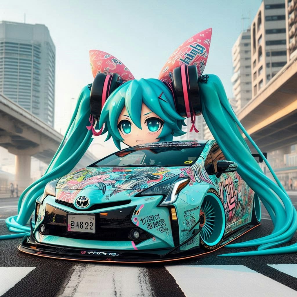 初音ミクカラーのトヨタプリウスのドリ車