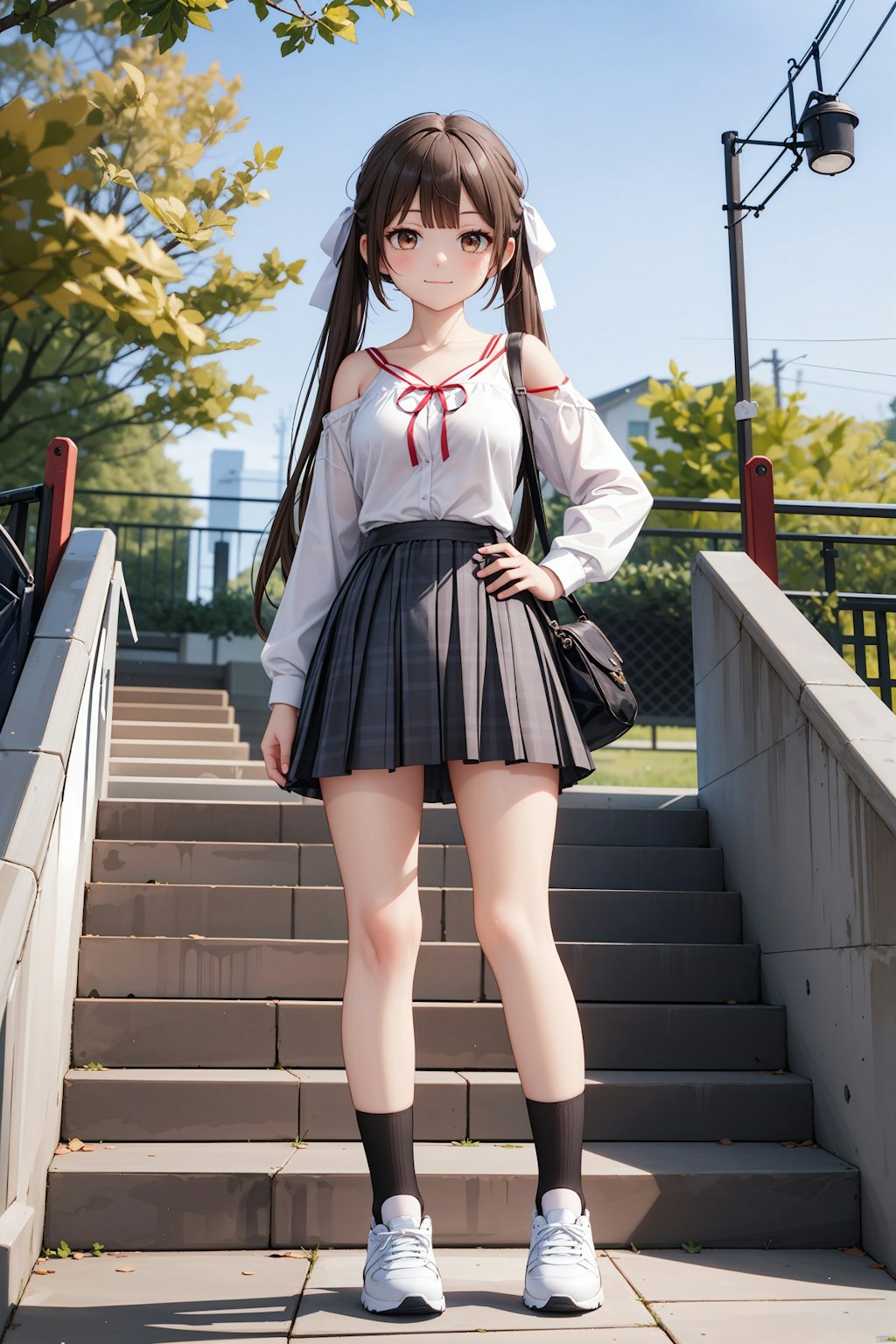 Girl with a double ponytail on the side of the stairs