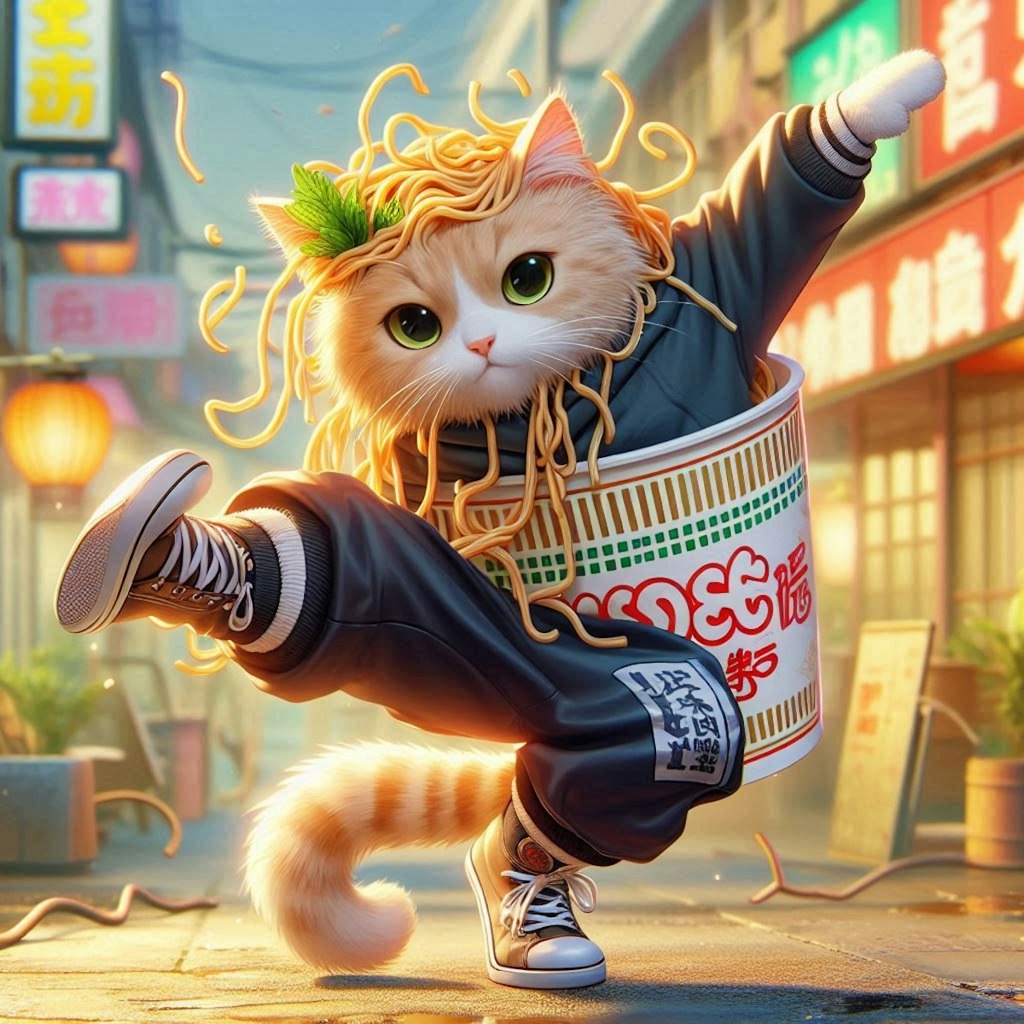 ブレイクダンスをする海鮮麺猫