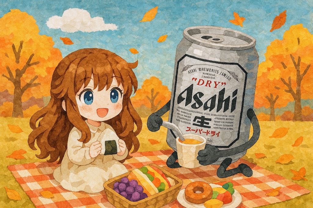 (貼り絵風)ピクニックのビール缶と小さな女の子