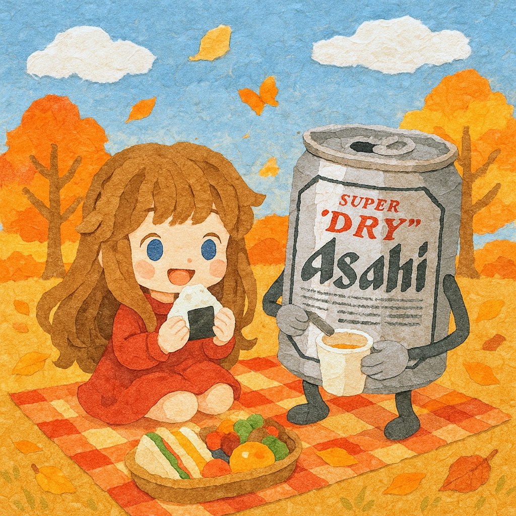 (貼り絵風)ピクニックのビール缶と小さな女の子