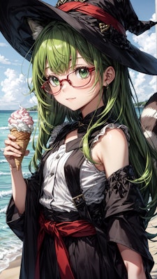 ソフトクリームと緑髪のお姉さん