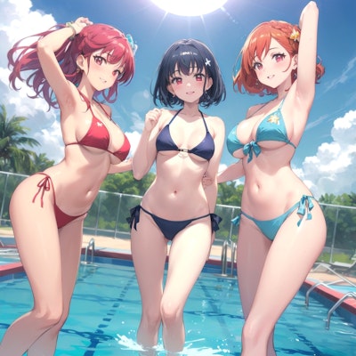 初夏のプールを満喫する三人の美女