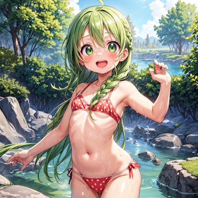 緑髪三つ編な娘が下着姿で川遊び
