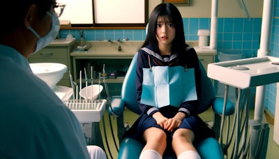 自分のチェアに歯科医がきて緊張するセーラ服の女子高生