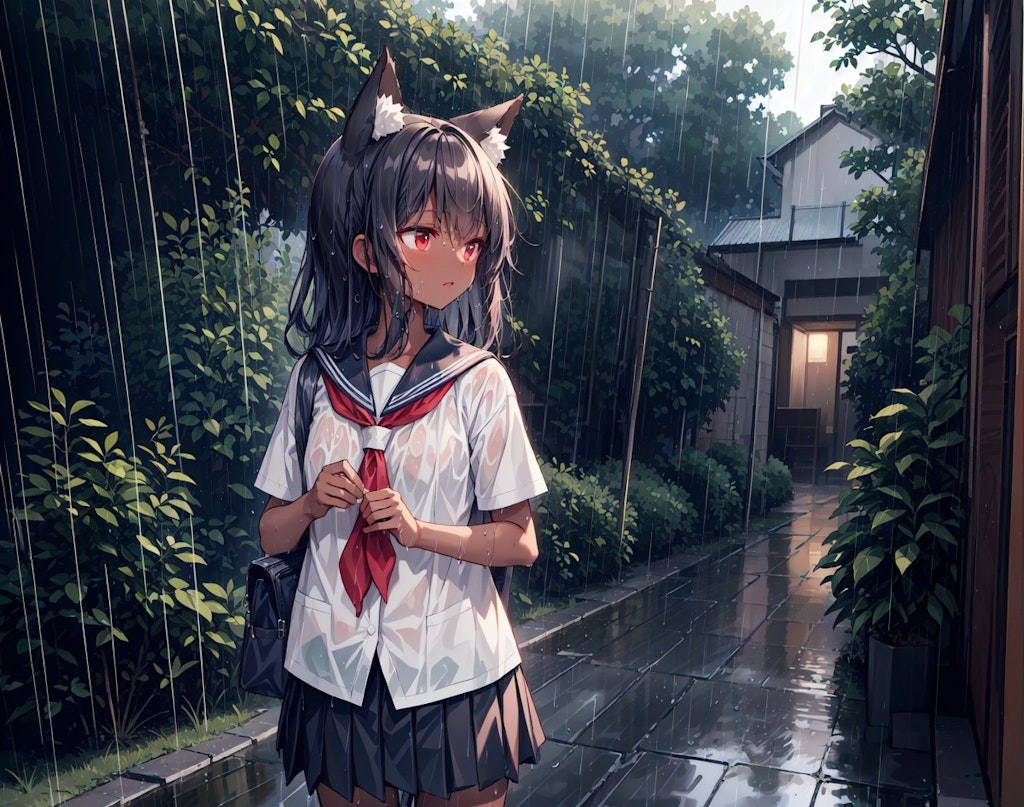 雨の中の狐娘