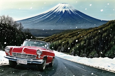 富士山を背に走る赤いオープンカー