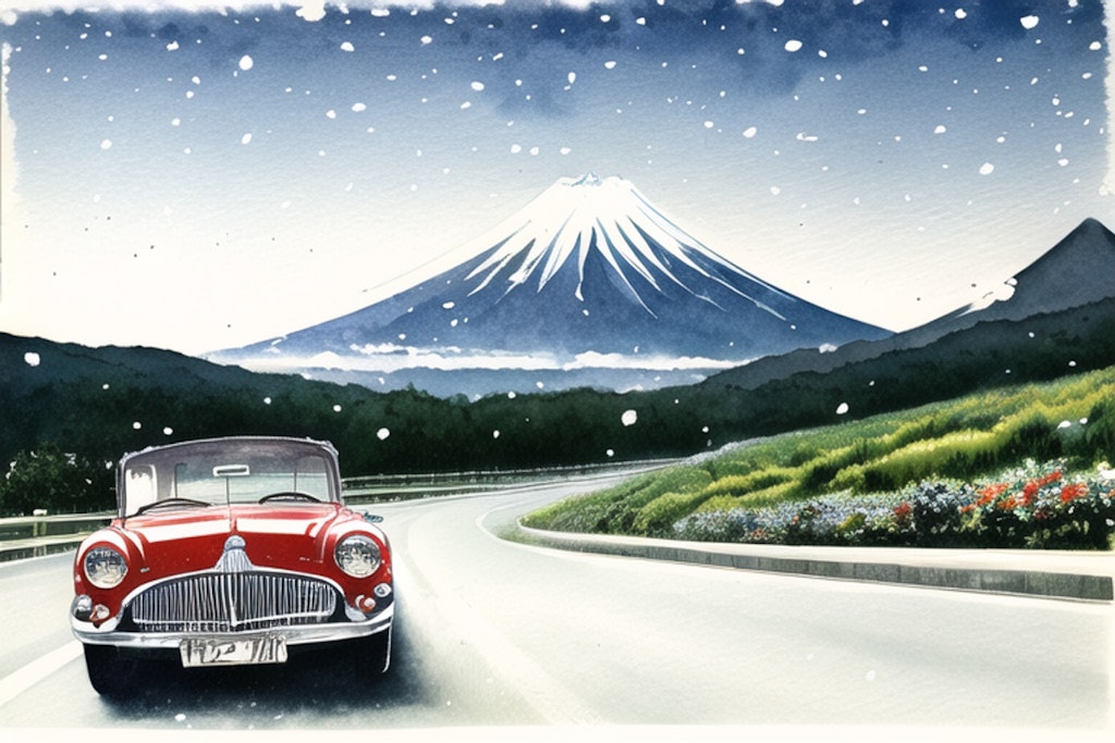 富士山を背に走る赤いオープンカー