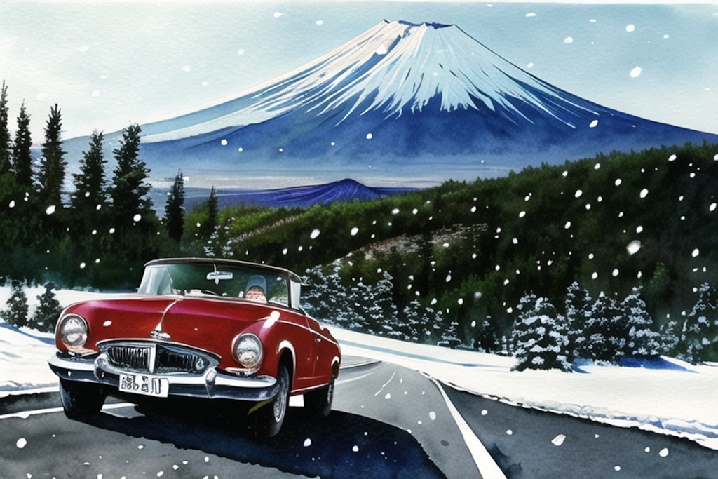 富士山を背に走る赤いオープンカー