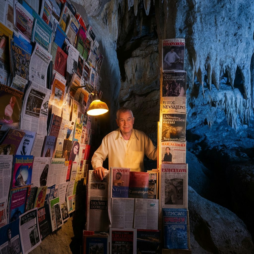 洞窟の中の新聞販売店
