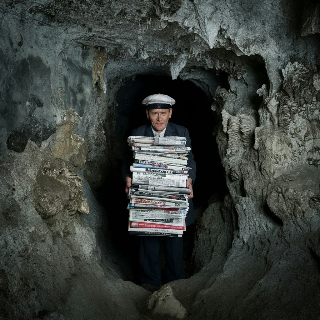 洞窟の中の新聞販売店