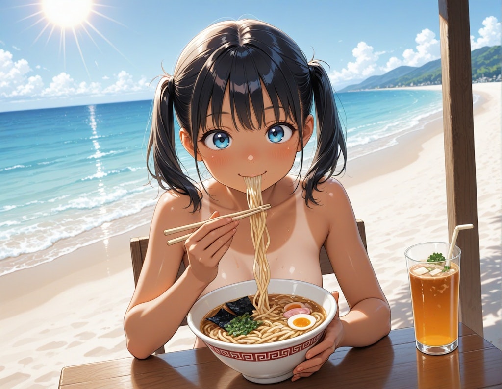 夏真っ盛りのツインテちゃん・ヌードでラーメン