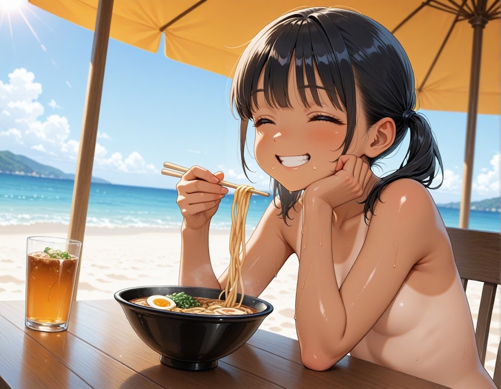 夏真っ盛りのツインテちゃん・ヌードでラーメン