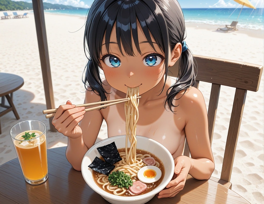 夏真っ盛りのツインテちゃん・ヌードでラーメン