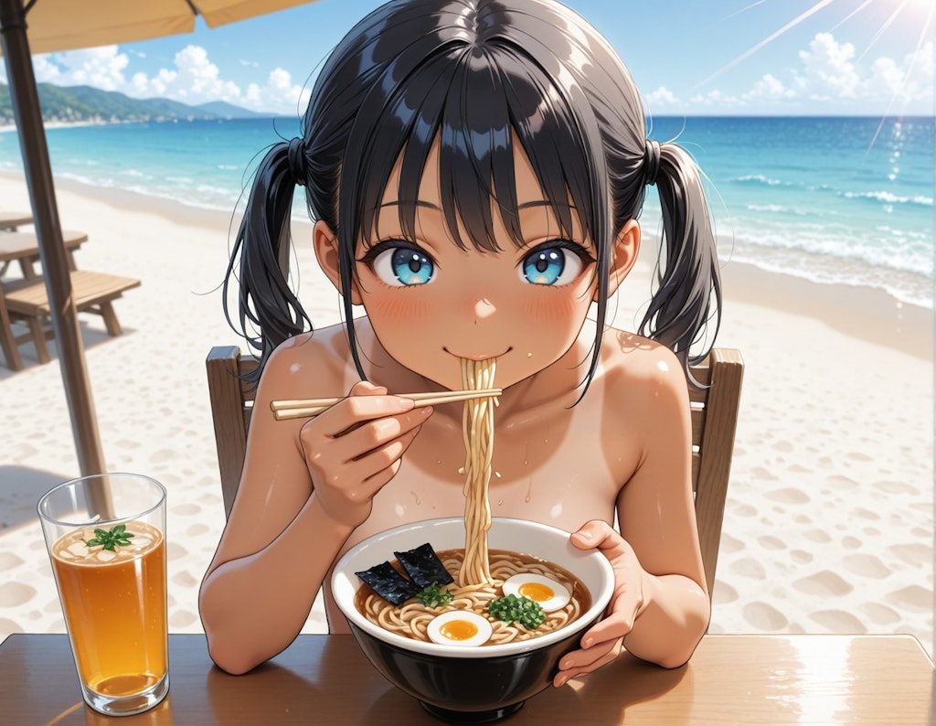 夏真っ盛りのツインテちゃん・ヌードでラーメン