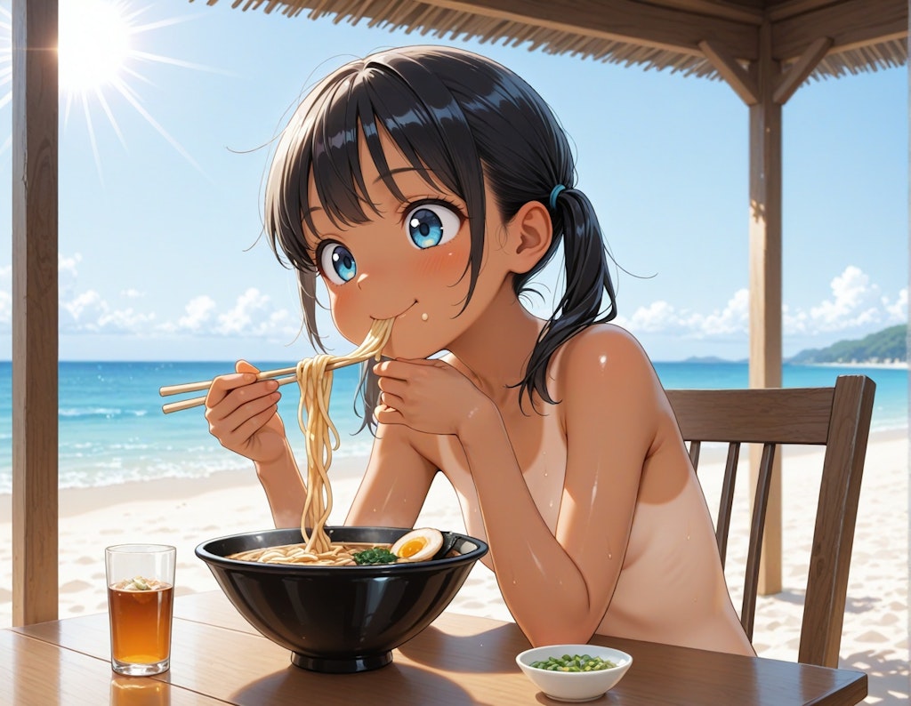 夏真っ盛りのツインテちゃん・ヌードでラーメン