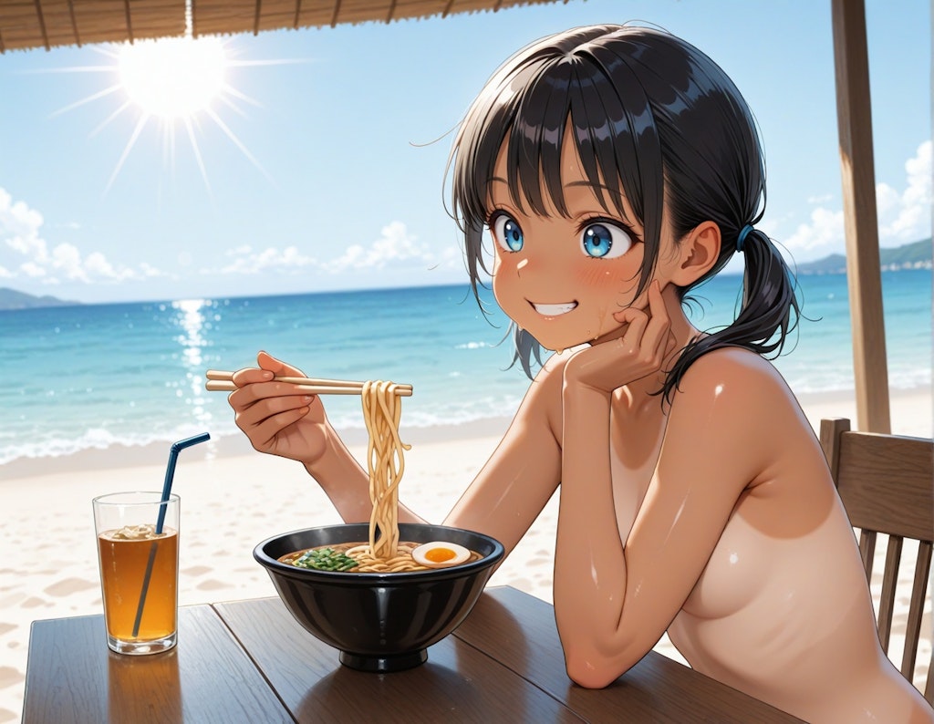 夏真っ盛りのツインテちゃん・ヌードでラーメン