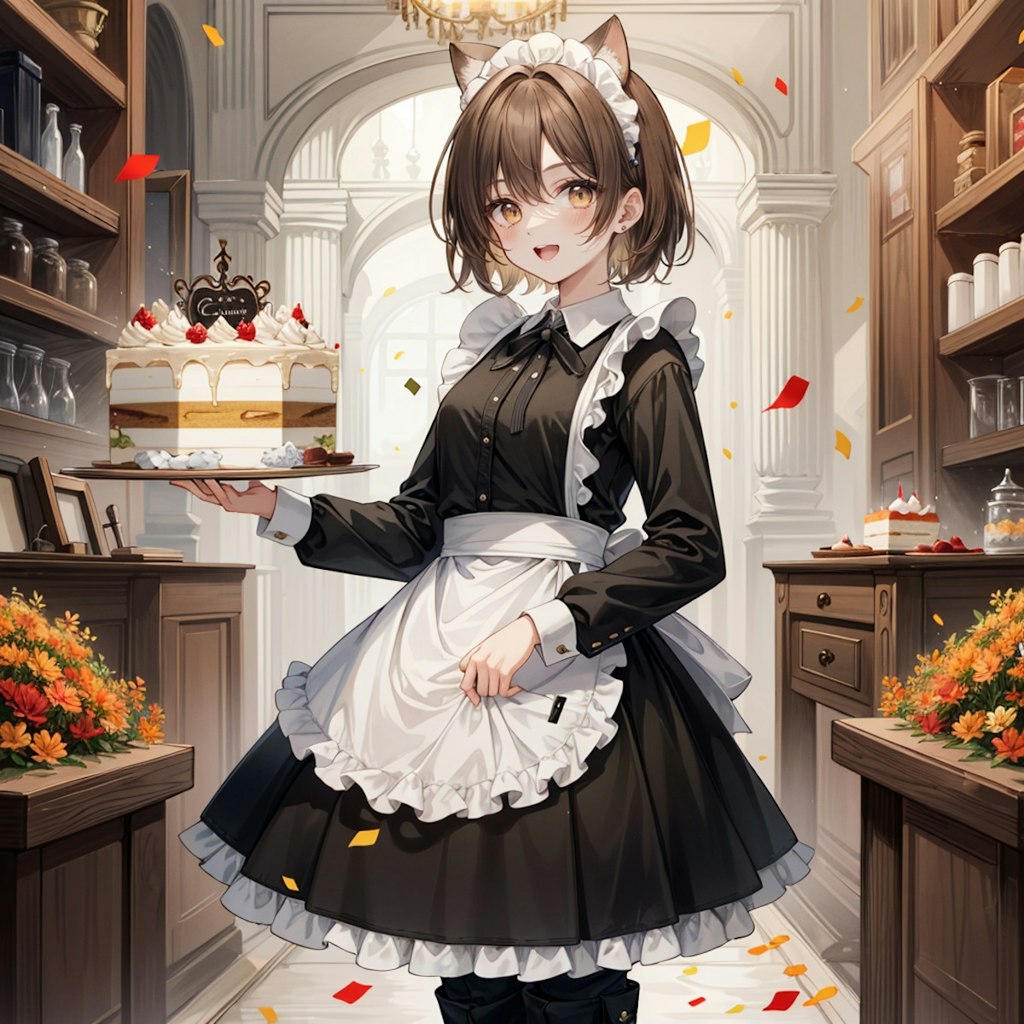 豪華な御祝いケーキを運ぶ喫茶店で働く猫娘