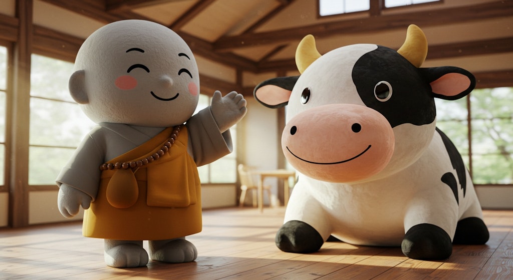 モーニングコール牛さんと御地蔵さんの朝のおはよう挨拶