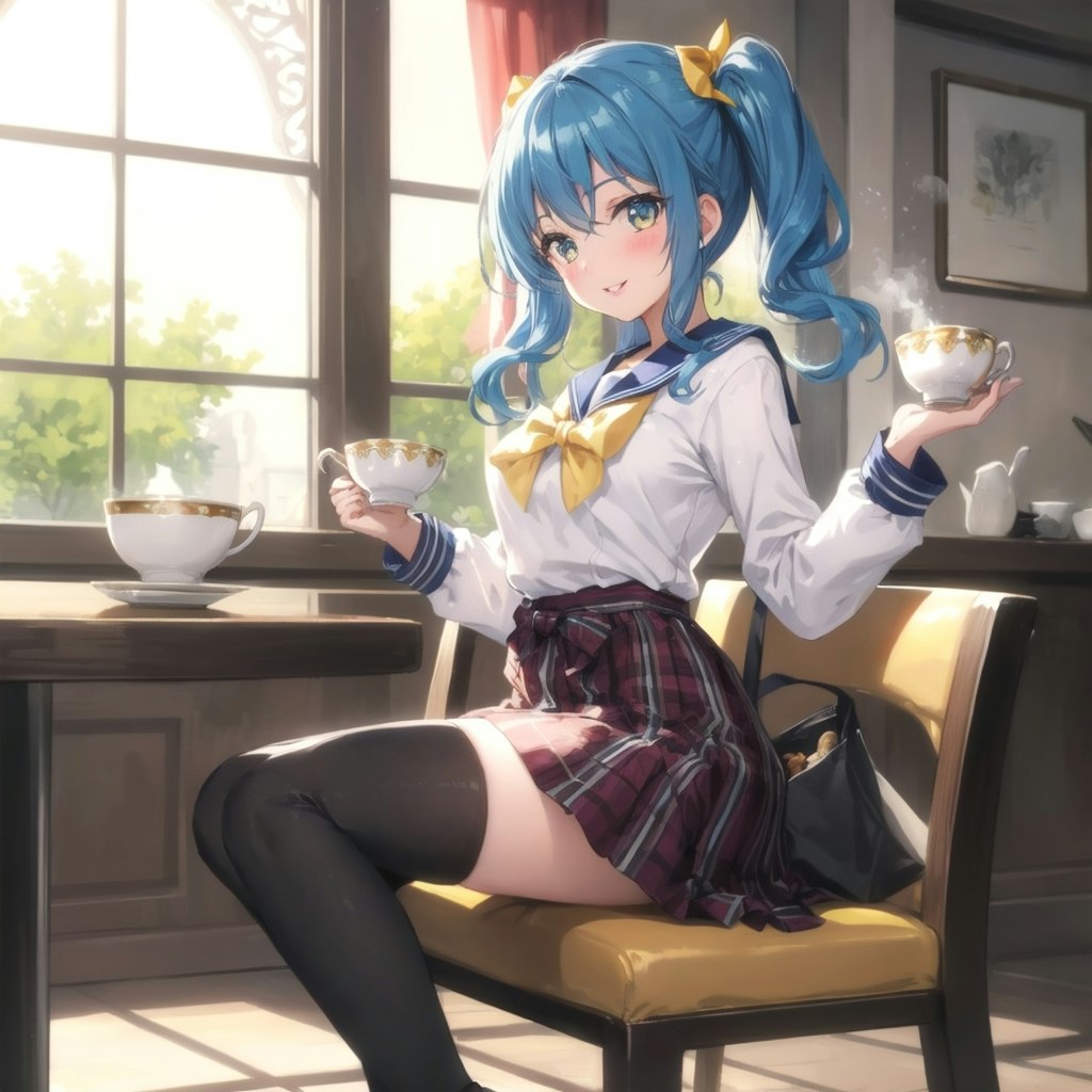 カフェでルイボスティーを飲むセーラー服の女の子