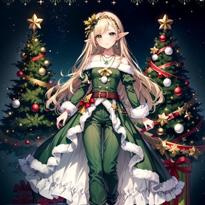 クリスマスツリーがモチーフの衣装なエルフ魔女